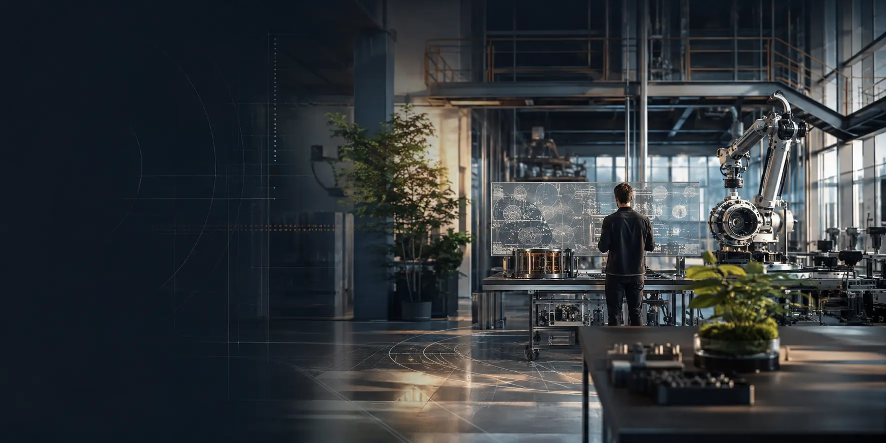 A researcher working beside advanced industrial equipment in a calm, light-filled laboratory